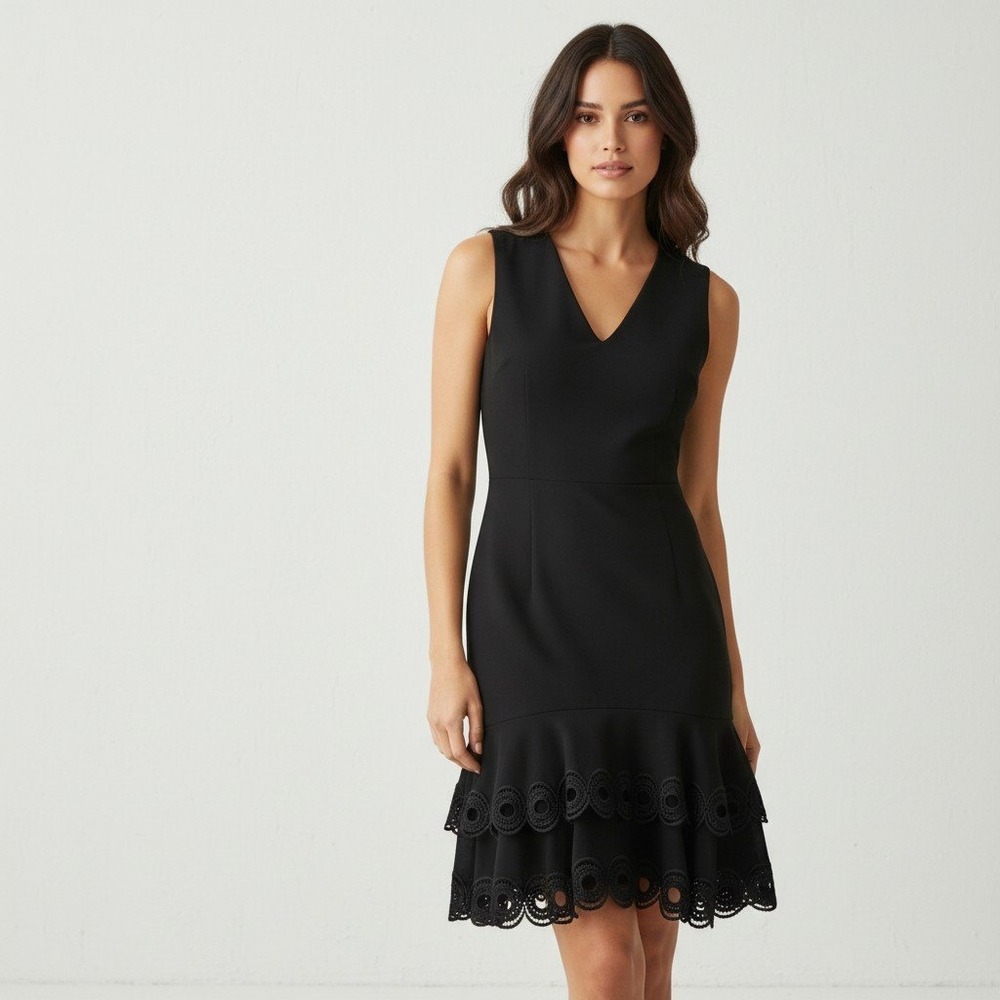 Shoshanna Black V-Neck Eyelet Ruffle Hem Sheath Dress Cocktail Womens Size 0